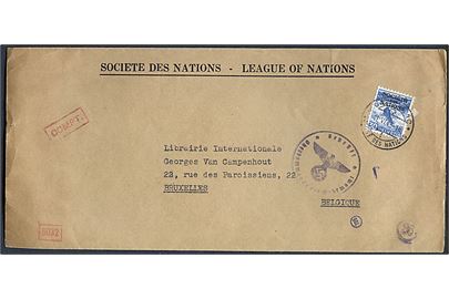 Folkeforbundet. 30 c. Société des Nations provisorium på fortrykt tjenestekuvert stemplet Genevé Société des Nations d. 11.6.1943 til Bruxelles, Belgien. Åbnet af tysk censur i München.
