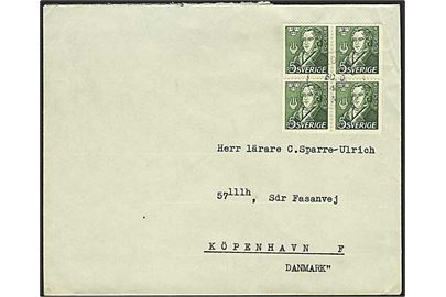 5 öre Geijer 3-sidet takket i foreblok på brev fra Broksund d. 30.9.1947 til København, Danmark.