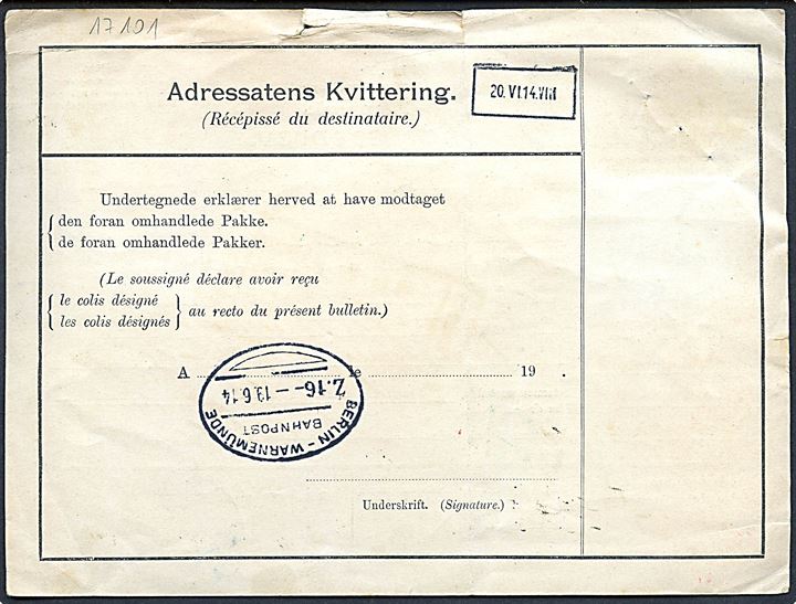 4 øre Bølgelinie, 15 øre Chr. X (par) og 100 øre Fr. VIII (par) på 234 øre frankeret internationalt adressekort for ekspres ilpakke fra Kjøbenhavn d. 18.6.1914 via Berlin-Warnemünde og Basel til Davos, Schweiz.