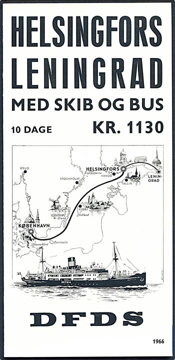 DFDS. Helsingfors Leningrad med skib og bus. Lille brochure med sommersejlplan for DFDS-ruten København - Helsingfors.