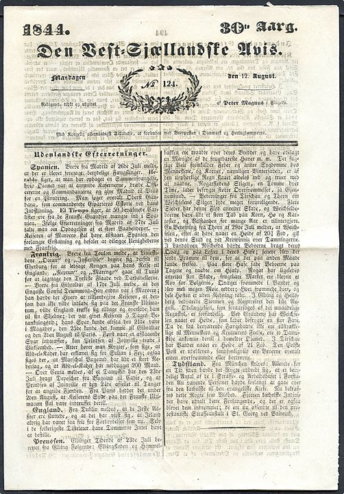 Den Vest-Sjællandske Avis 30. Aarg. No. 124 d. 12.8.1844. Lille avis udgivet i Slagelse. 4 sider.