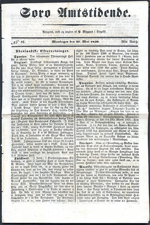 Sorø Amtstidende, 36. Aarg. No. 81 d. 27.5.1850. Lille avis på 4 sider.