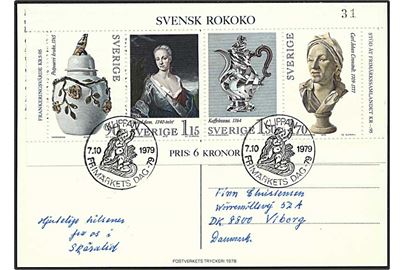 Svensk Rokoko blok udg. på brevkort fra Klippan d. 7.10.1979 til Viborg, Danmark.
