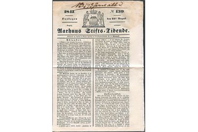 Aarhus Stifts-Tidende no. 139 d. 25.8.1847. Avis på 8 sider med bl.a. omtale af besejling af ruten Kiel-Aarhuus-Kiøbenhavn med dampskibet Christian VIII.