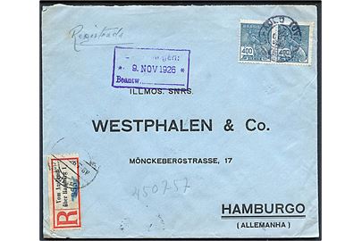 400 reis i parstykke på anbefalet brev fra Sao Paulo d. 22.10.1926 til Hamburg, Tyskland. Påsat tysk rec.-etiket Vom Ausland über Hamburg 1.