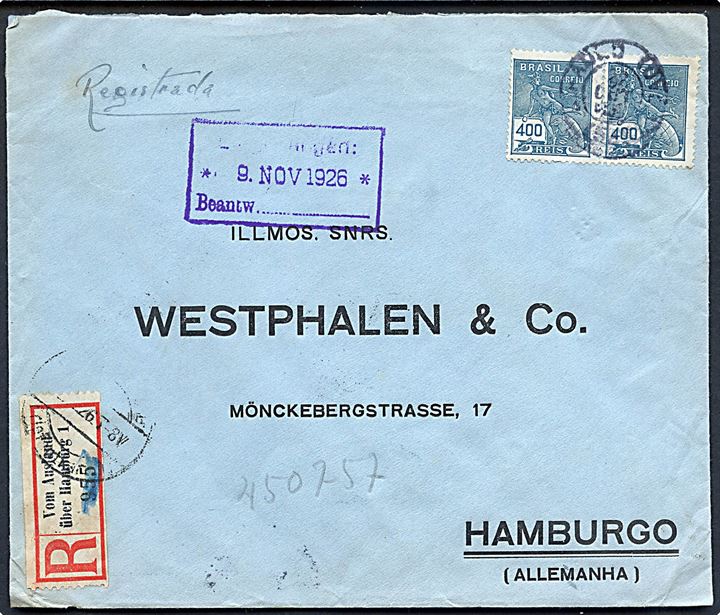 400 reis i parstykke på anbefalet brev fra Sao Paulo d. 22.10.1926 til Hamburg, Tyskland. Påsat tysk rec.-etiket Vom Ausland über Hamburg 1.
