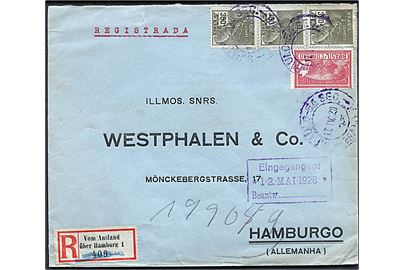 200 ries og 300 ries (3) på anbefalet brev fra Sao Paulo d. 17.4.1928 til Hamburg, Tyskland. Påsat tysk rec.-etiket: Vom Ausland über Hamburg 1.