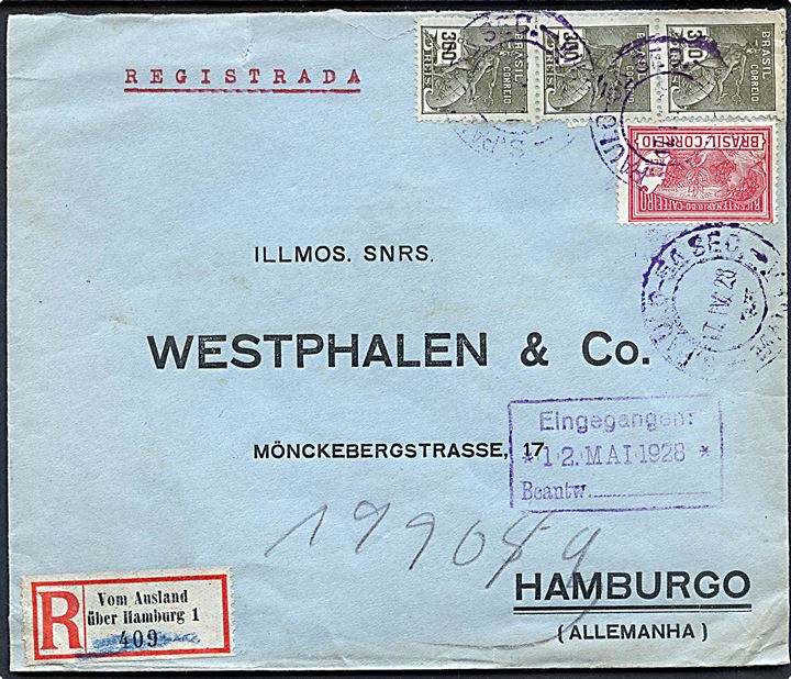 200 ries og 300 ries (3) på anbefalet brev fra Sao Paulo d. 17.4.1928 til Hamburg, Tyskland. Påsat tysk rec.-etiket: Vom Ausland über Hamburg 1.