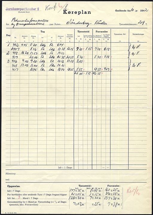 Køreplan - formular A14 (4-41 B4) med tjenester for Pakmesterformanden og Overpakmestrene på ruten Sønderborg - Tønder gældende fra 10.11.1942.
