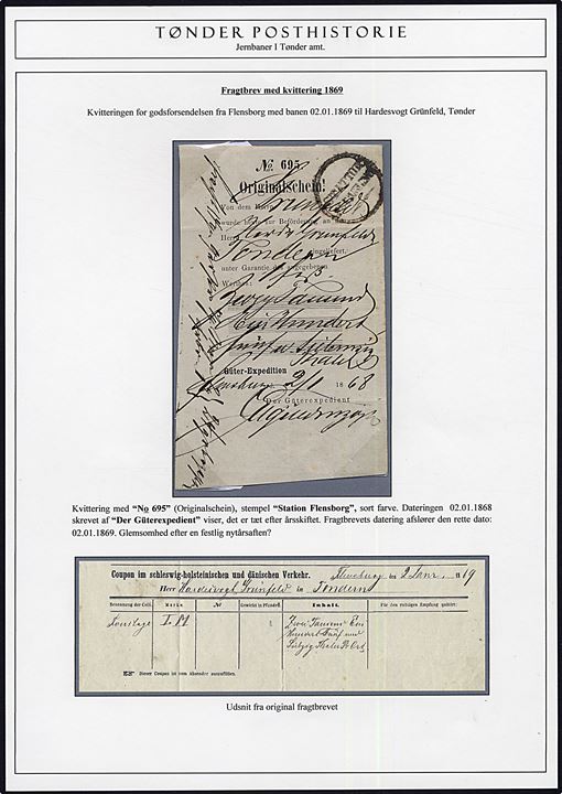 Kvittering for afsendelse af fragtgods til Tønder med stempel Station Flensburg d. 2.1.1868. Monteret på udstillingsplanche. 