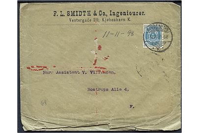 4 øre Tofarvet på firmakuvert fra F. L. Schmidt & Co. sendt lokalt i Kjøbenhavn d. 11.11.1898. Indeholder på fortrykt brevpapir med underskrevet F. L. Smidth = Verner Frederik Læssøe Smidth (1850-1899), ingeniør og stifter af firmaet F. L. Schmidt.