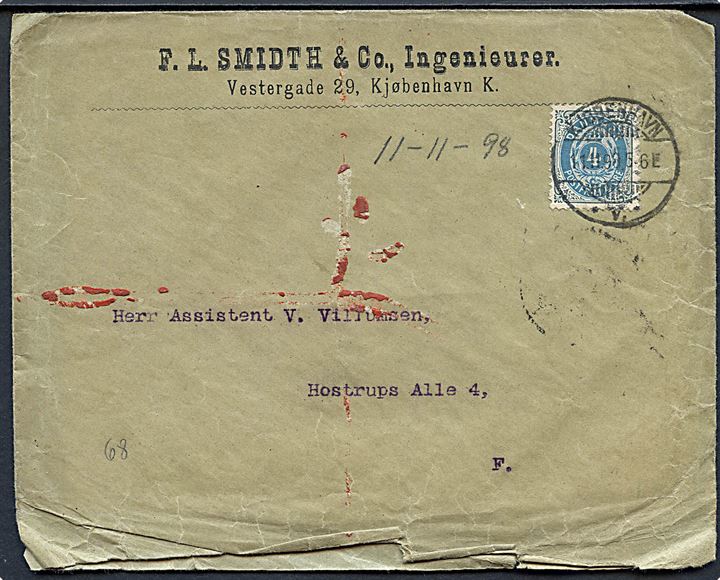 4 øre Tofarvet på firmakuvert fra F. L. Schmidt & Co. sendt lokalt i Kjøbenhavn d. 11.11.1898. Indeholder på fortrykt brevpapir med underskrevet F. L. Smidth = Verner Frederik Læssøe Smidth (1850-1899), ingeniør og stifter af firmaet F. L. Schmidt.