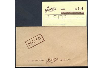 Magasin du Nord. 15 øre firmafranko på lokalbrev i København 1951, postkvittering 1945 og fortrykt kuvert med nota, samt Books of the Month august 1952. 