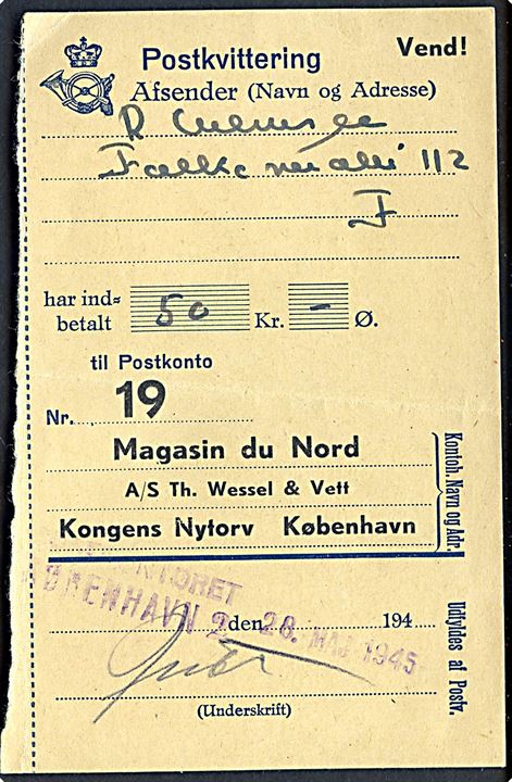 Magasin du Nord. 15 øre firmafranko på lokalbrev i København 1951, postkvittering 1945 og fortrykt kuvert med nota, samt Books of the Month august 1952. 