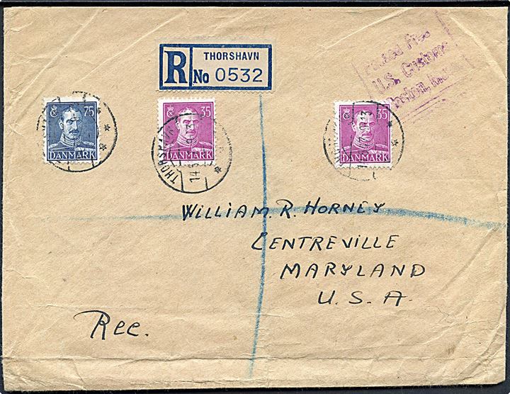 35 øre (2) og 75 øre Chr. X på anbefalet brev fra Thorshavn d. 14.5.1947 til Centreville, USA. Påsat britisk fremstillet provisorisk rek.-etiket THORSHAVN No. 0532.
