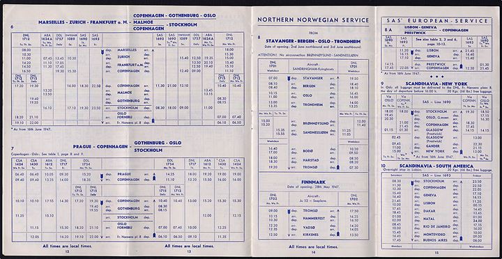 Norwegian Air Lines - Flyveplan gældende fra 1.6.1947. 32 sider. 
