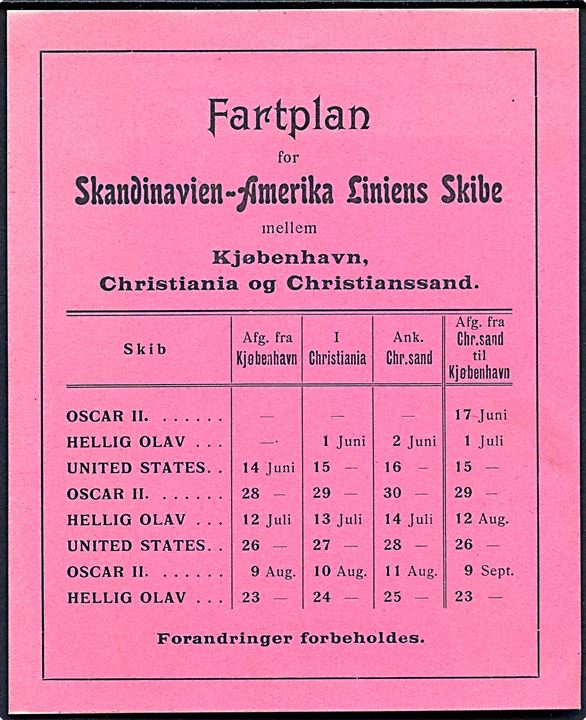 Det forenede Dampskibsselskab's Lystrejser til Norge med Skandinavien Amerika Linies Skibe 1905. 24 sider illustreret hæfte, samt Fartplan for Skandinavien-Amerika Liniens skibe mellem Kjøbenhavn, Christiania og Christiansand.