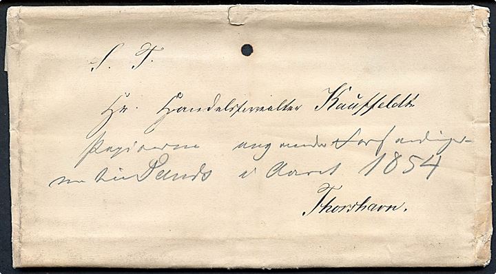 1854. Lokalt brev med fuldt indhold dateret Trødum d. 8.5.1854 til Handelsforvalter Kauffeldt i Thorshavn. 