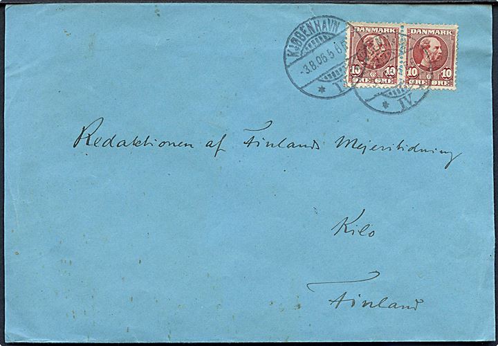10 øre Chr. IX i parstykke på brev fra Kjøbenhavn d. 3.8.1906 til Kilo, Finland.
