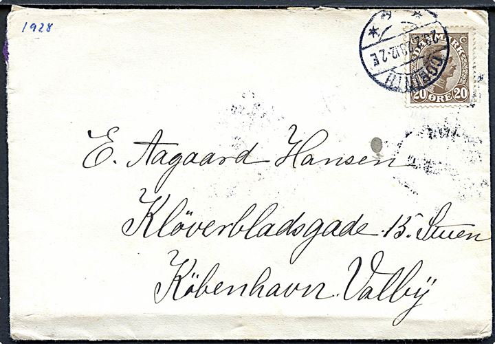 20 øre Chr. X på brev annulleret med brotype IIa Corinth d. 23.2.1923 til København.