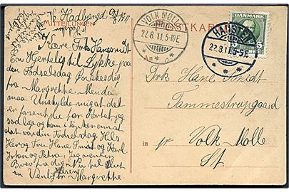 5 øre Fr. VIII på brevkort fra Hadsten d. 22.8.1911 til Volk Mølle. Ank.stemplet med brotype Ia Volk Mølle d. 22.8.1911.