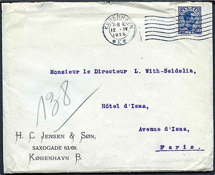 30 øre Chr. X på brev fra København d. 12.4.1926 til Paris, Frankrig. Skade i venstre hjørne.
