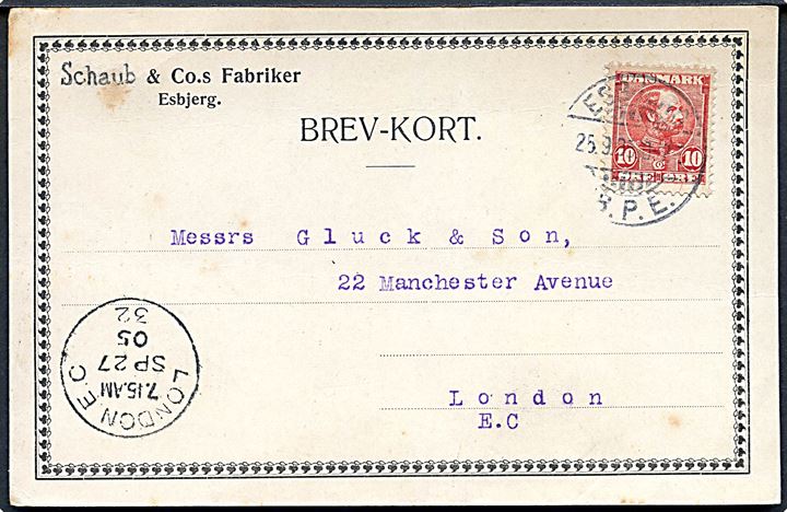 10 øre Chr. IX på brevkort fra Esbjerg d. 25.9.1905 til London, England. Ank.stemplet London E.C. d. 27.9.1905.