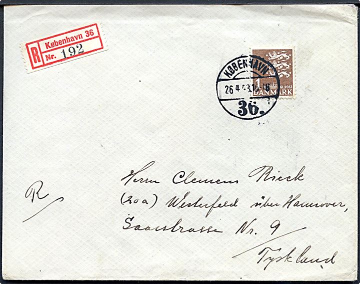1 kr. Rigsvåben single på anbefalet brev fra København d. 26.4.1948 til Westerfeld, Tyskland.