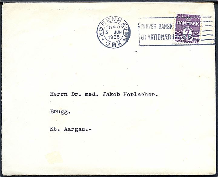 7 øre Bølgelinie på tryksag fra København d. 3.6.1935 fra Brugg, Schweiz.