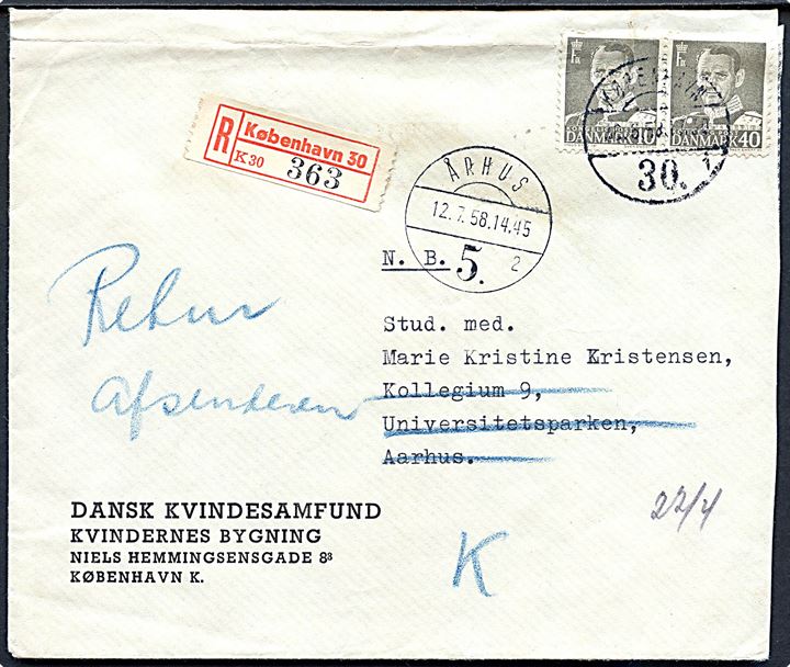 40 øre Fr. IX i parstykke på anbefalet brev fra København d. 30.6.1958 til Århus. Anmeldt og retur som ikke afhentet.