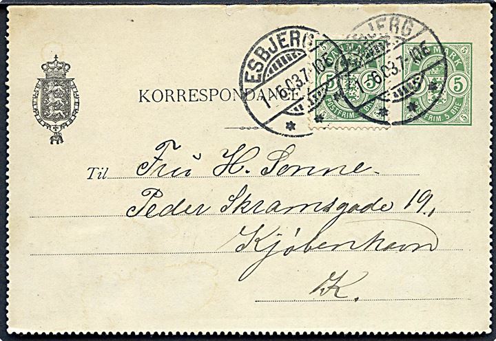 5 øre korrespondancekort (FORSIDE) opfrankeret med 5 øre Våben stemplet Esbjerg d. 1.6.1903 til København. Iflg. indhold sendt fra Kanonbaaden Grønsund under ophold i Esbjerg.