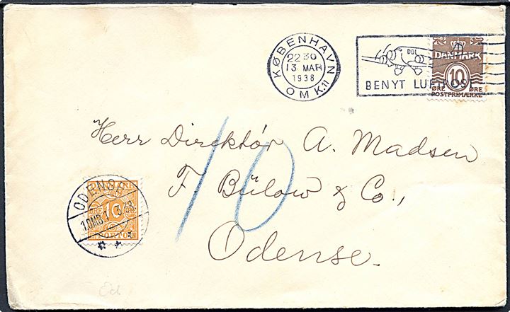 10 øre Bølgelinie på underfrankeret brev fra København d. 13.3.1938 til Odense. Udtakseret i porto med 10 øre Portomærke stemplet Odense d. 13.3.1938.