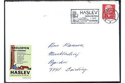 90 øre Margrethe på brev annulleret med TMS Haslev skolebyen i det grønne/Haslev d. 9.12.1974 til Bording. Påsat lignende mærkat Skolebyen i det grønne - Haslev.