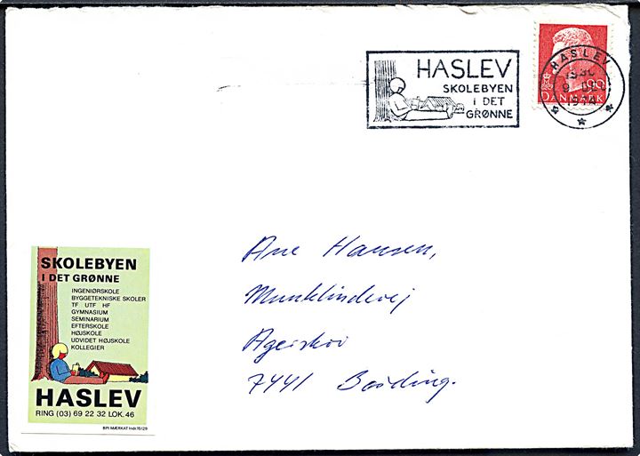 90 øre Margrethe på brev annulleret med TMS Haslev skolebyen i det grønne/Haslev d. 9.12.1974 til Bording. Påsat lignende mærkat Skolebyen i det grønne - Haslev.
