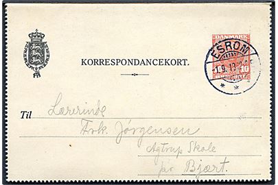 10 øre Fr. VIII helsags korrespondancekort fra Esrom d. 1.9.1913 til Agtrup skole pr. Bjært.