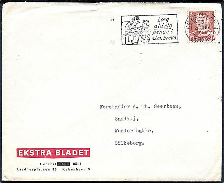 30 øre Fr. IX med perfin POL (Politiken) på fortrykt kuvert fra Ekstra Bladet i København d. 21.5.1960 til Silkeborg.