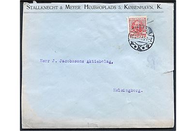 10 øre Fr. VIII med perfin SM på brev fra firma Stallknecht & Meyer i Kjøbenhavn d. 16.5.1911 til Helsingborg, Sverige. Rift i mærke.