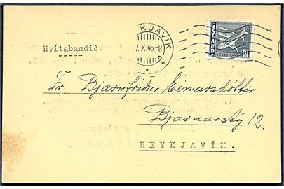 10 aur sild på tryksags-kort sendt lokalt i Reykjavik d. ?7.10.1945.