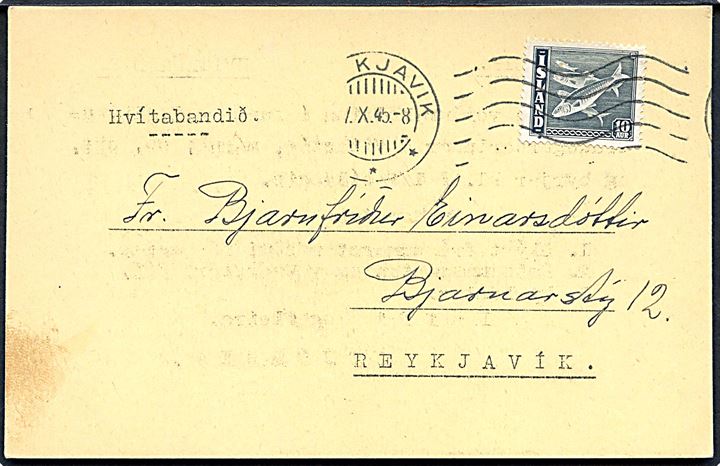 10 aur sild på tryksags-kort sendt lokalt i Reykjavik d. ?7.10.1945.