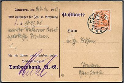 7½ pfg. Germania på lokalt brevkort annulleret Tondern **b d. 22.11.1918.