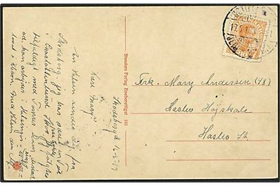 7 øre Chr. X på brevkort fra Skodsborg annulleret med reserve bureaustempel Østifternes Jernb. Postkt. T.401 d. 17.5.1919 til Haslev. Anvendt som reserve ved Sjællandske Kystbane.