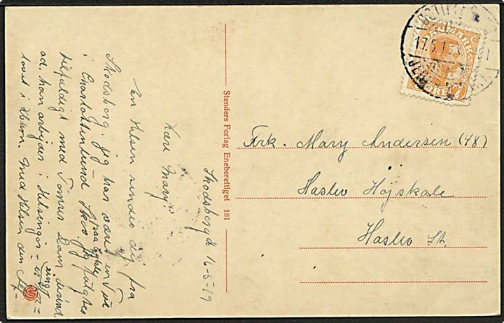 7 øre Chr. X på brevkort fra Skodsborg annulleret med reserve bureaustempel Østifternes Jernb. Postkt. T.401 d. 17.5.1919 til Haslev. Anvendt som reserve ved Sjællandske Kystbane.