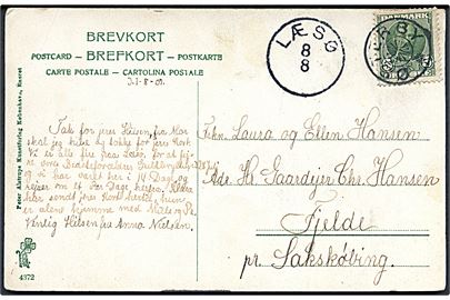 5 øre Fr. VIII på brevkort (Vesterø kirke) annulleret med stjernestempel ØSTERBY og sidestemplet lapidar Læsø d. 8.8.1907 til Sakskjøbing.