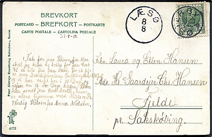 5 øre Fr. VIII på brevkort (Vesterø kirke) annulleret med stjernestempel ØSTERBY og sidestemplet lapidar Læsø d. 8.8.1907 til Sakskjøbing.