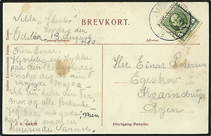 5 øre Fr. VIII på brevkort fra Odder annulleret med reserve bureaustempel Nørrejyllands JB.PKT. T.932 d. 13.8.1910 til Kværndrup. Reservestempel benyttet på strækningen Fredericia - Aalborg - Frederikshavn.