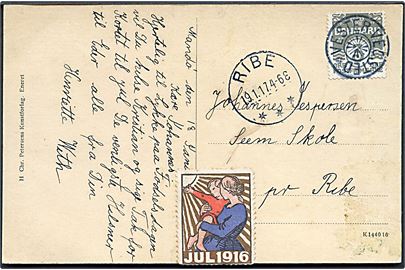 3 øre Bølgelinie på lokalt brevkort dateret på Mandø annulleret med stjernestempel VESTER VEDSTED og sidestemplet brotype IIIb Ribe d. 19.1.1917 til Seem skole pr. Ribe.
