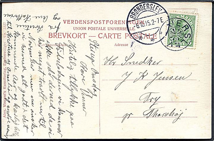 5 øre Chr. X på brevkort (Badehotel, Skagen) annulleret med stjernestempel JERSLEV og sidestemplet Brønderslev d. 6.10.19151 til Thorshøj.