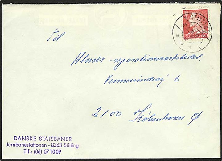 60 øre Fr. IX på brev fra Stilling d. 9.6.1967 til København. Privat jernbanestempel: Danske Statsbaner / Jernbanestationen - 8363 Stilling