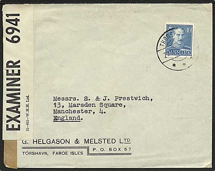 40 øre Chr. X single på brev fra Thorshavn d. 20.7.1945 til Manchester, England. Åbnet af britisk censur med banderole PC90/6941.