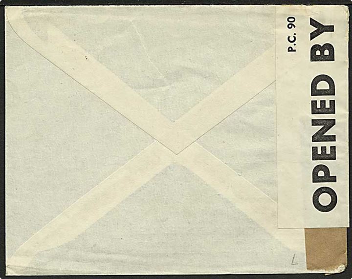 40 øre Chr. X single på brev fra Thorshavn d. 20.7.1945 til Manchester, England. Åbnet af britisk censur med banderole PC90/6941.